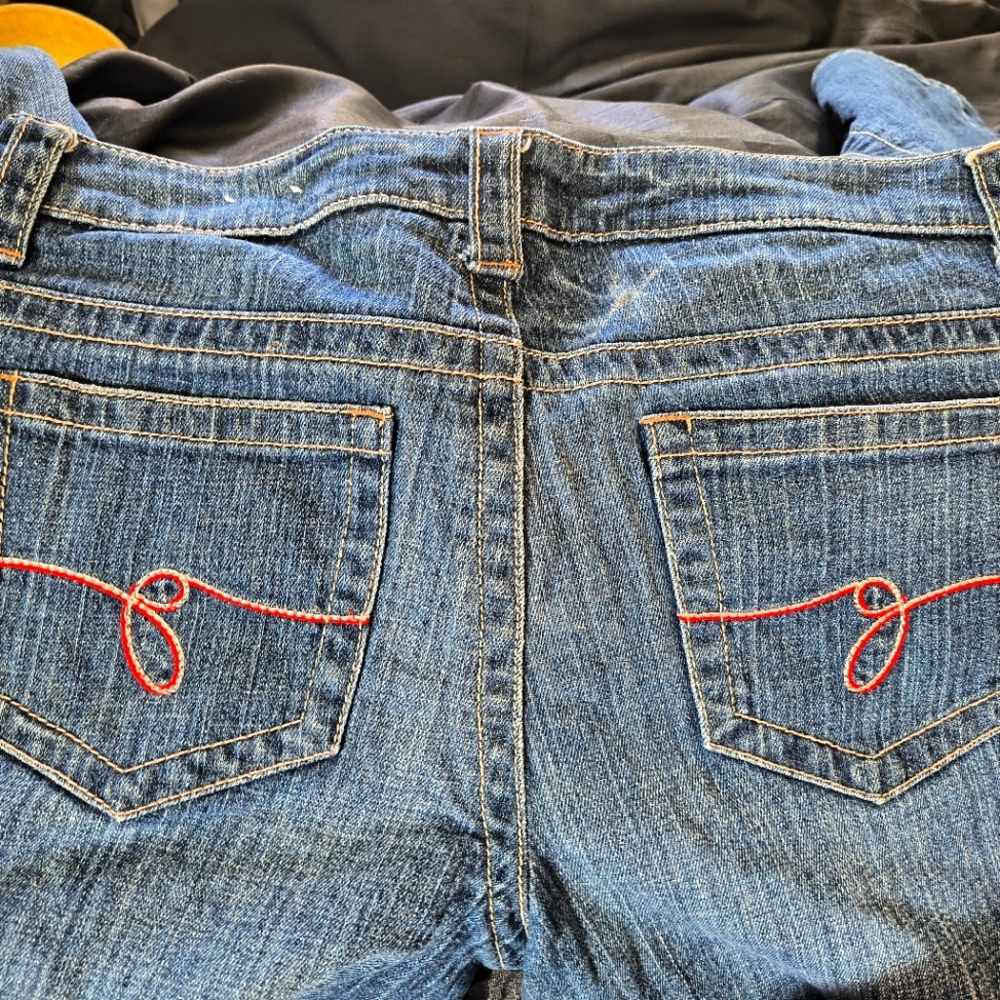 Blue and Red Jeans with Decorative Stitching